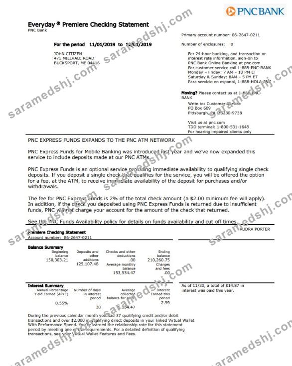 USA PNC bank proof of address statement template in Word and PDF format